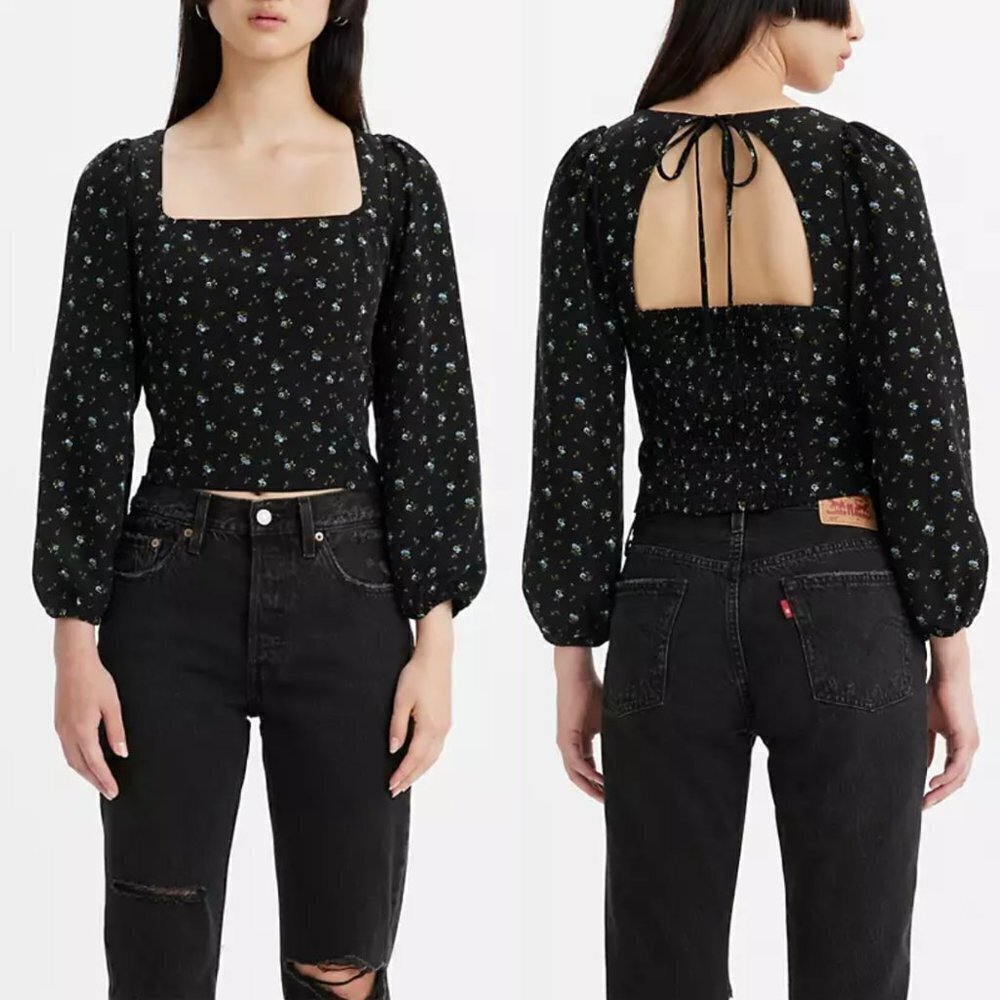 Levi's F Floral Puff Sleeve Blouse Short Sleeve Top Black L NWT